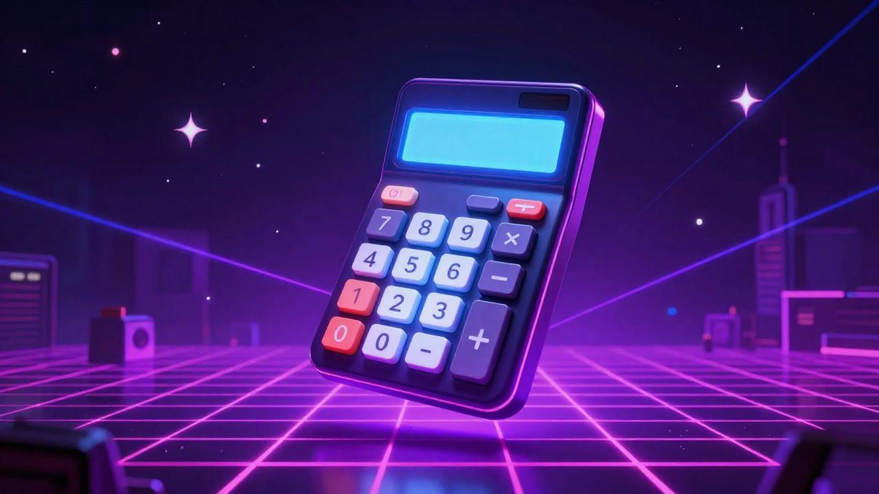 Neon-Rechner im Synthwave-Landscape